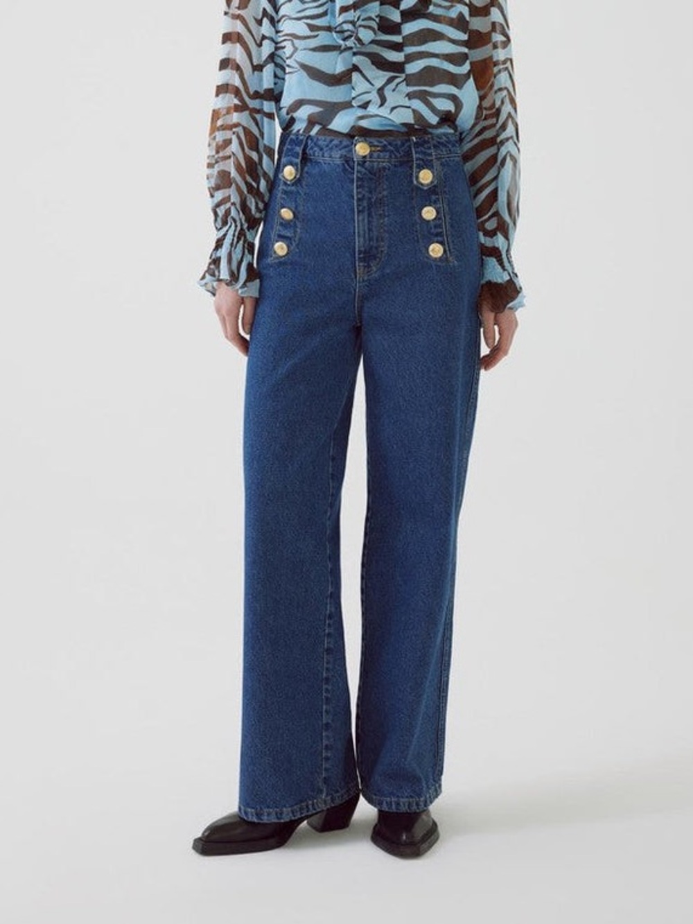 Exquise Wide Leg Sailor Jeans Gold Buttons Denim Size 6